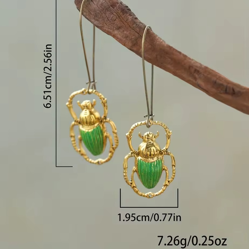 Anthropologie Gold and Green Scarab Dangle Earrings - Picture 3 of 6